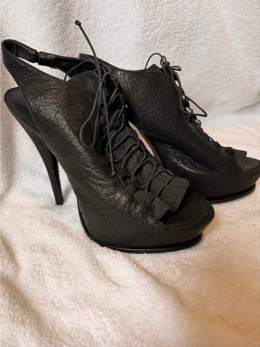 Elizabeth and James Black Lace-Up Peep Toe Heels